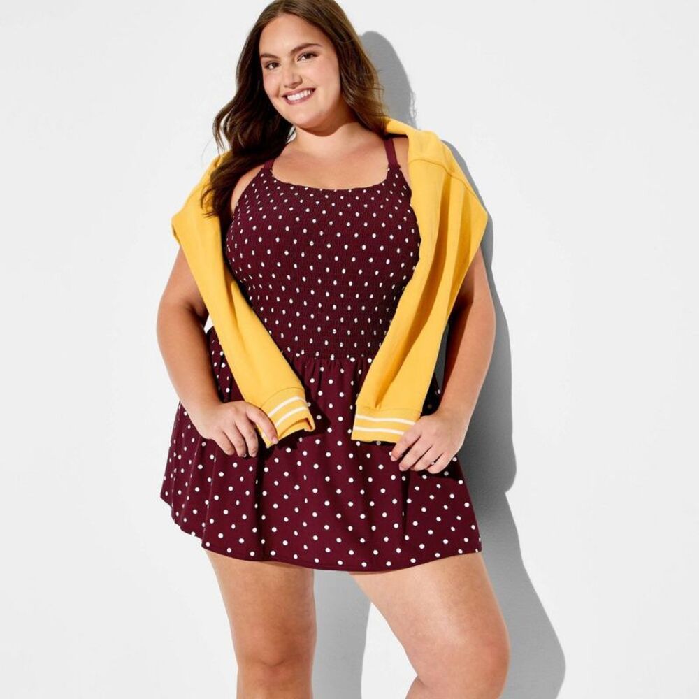 Women's Polka Dot Smocked Dress - JoyLab Maroon Polka Dot 4X